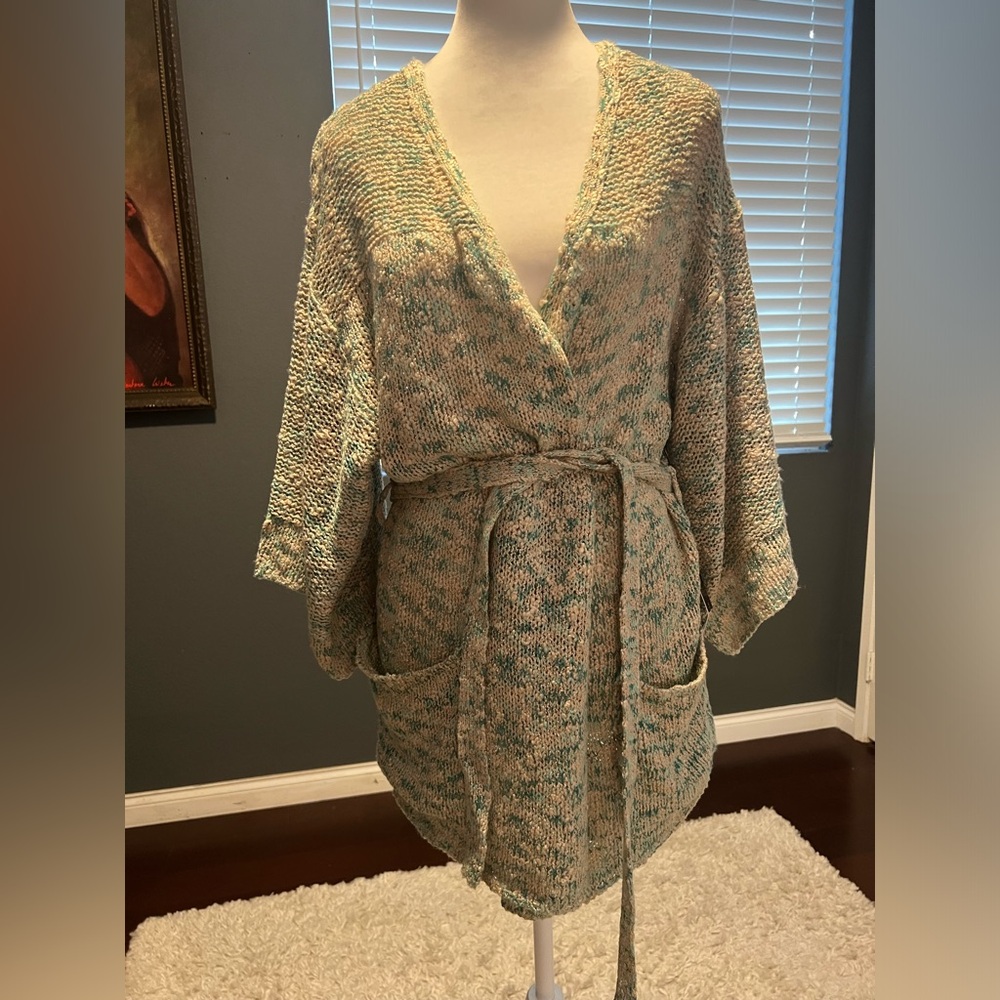- BCBG knit lightweight open cardigan with pockets and tie. NWT. In pastโฆ